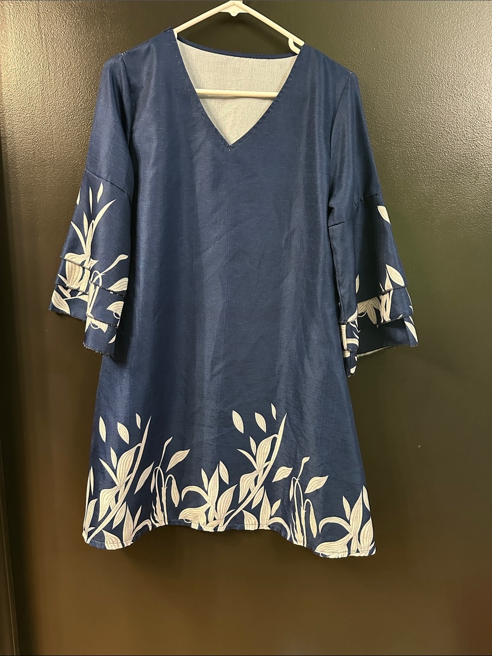 Navy Blue V-Neck A-Line Dress with White Botanical Print